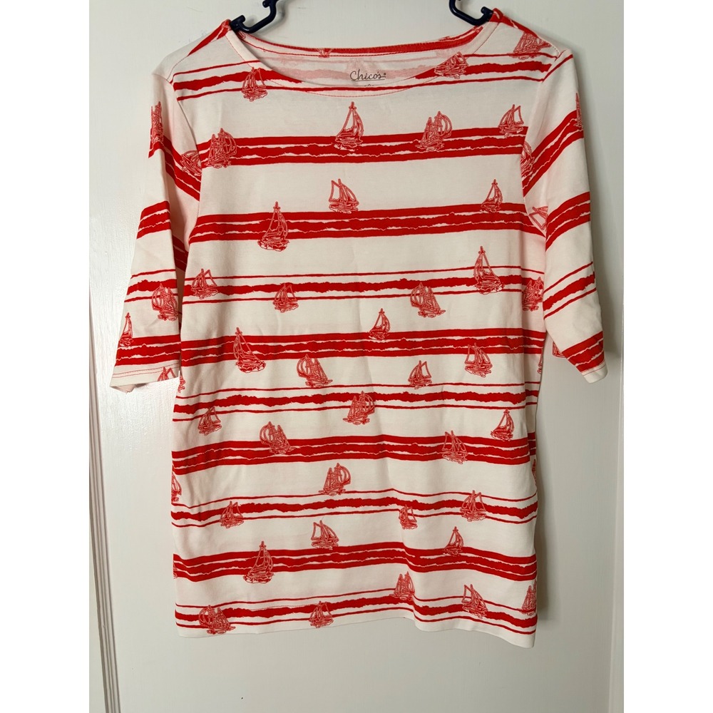 Chicos Red Sailboat Striped Cotton Boat Neck Elbow Sleeve Top Size 1 Medium